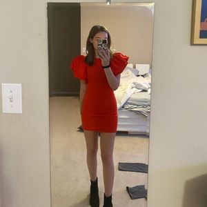 red zara puff sleeve dress